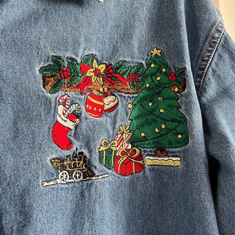Vintage Christmas Embroidered Denim Button Down Shirt/Blouse L/XL - Picture 5 of 10